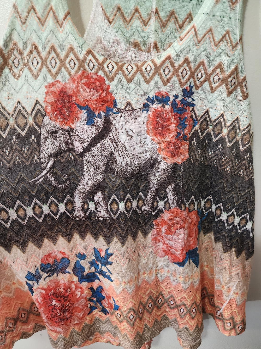 Persaya Floral Elephant Aztec Print Tank Top - Mint, Coral, Brown - Picture 3 of 5